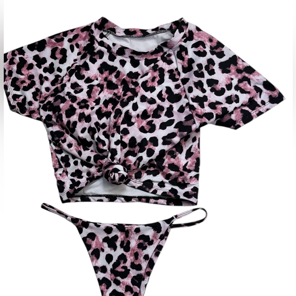 SHEIN Purple Animal Print Swim Set L Short Sleeve Cropped Top 2 Pc Bathing Suit
